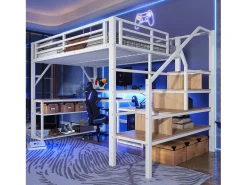 Cama mezanino 140x200 cm - con escada de segurança - con faixa de luz LED + escrivaninha - con porta USB - branco​ (colchão não incluído)