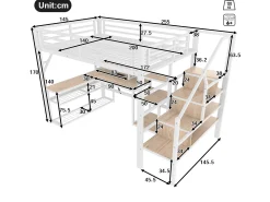 Cama mezanino 140x200 cm - con escada de segurança - con faixa de luz LED + escrivaninha - con porta USB - branco​ (colchão não incluído)