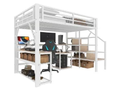 Cama mezanino 140x200 cm - con escada de segurança - con faixa de luz LED + escrivaninha - con porta USB - branco​ (colchão não incluído)