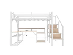 Cama mezanino 140x200 cm - con escada de segurança - con faixa de luz LED + escrivaninha - con porta USB - branco​ (colchão não incluído)
