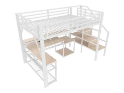 Cama mezanino 140x200 cm - con escada de segurança - con faixa de luz LED + escrivaninha - con porta USB - branco​ (colchão não incluído)