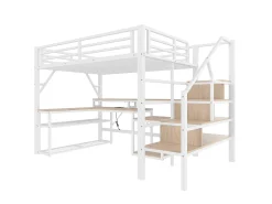 Cama mezanino 140x200 cm - con escada de segurança - con faixa de luz LED + escrivaninha - con porta USB - branco​ (colchão não incluído)