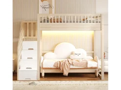 Cama mezanino 140x200 cm - con escada de segurança - con barreiras de segurança - equipado de luzes LED - natural (colchão não incluído)