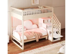 Cama mezanino 140x200 cm - con escada de segurança - con barreiras de segurança - equipado de luzes LED - natural​ (colchão não incluído)