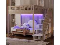 Cama mezanino 140x200 cm - con escada de segurança - con barreiras de segurança - equipado de luzes LED - natural​ (colchão não incluído)