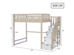 Cama mezanino 140x200 cm - con escada de segurança - con barreiras de segurança - equipado de luzes LED - natural​ (colchão não incluído)