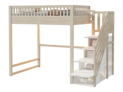 Cama mezanino 140x200 cm - con escada de segurança - con barreiras de segurança - equipado de luzes LED - natural​ (colchão não incluído)