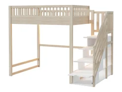 Cama mezanino 140x200 cm - con escada de segurança - con barreiras de segurança - equipado de luzes LED - natural​ (colchão não incluído)