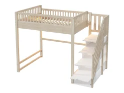 Cama mezanino 140x200 cm - con escada de segurança - con barreiras de segurança - equipado de luzes LED - natural​ (colchão não incluído)