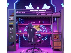 Cama mezanino 90x200 cm - Estrutura de ferro - Iluminação LED - Escrivaninha com prateleira - Porta USB - Preto (colchão não incluído)