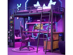 Cama mezanino 90x200 cm - Estrutura de ferro - Iluminação LED - Escrivaninha com prateleira - Porta USB - Preto​ (colchão não incluído)