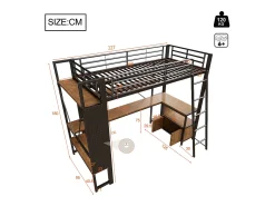 Cama mezanino 90x200 cm - Estrutura de ferro - Iluminação LED - Escrivaninha com prateleira - Porta USB - Preto​ (colchão não incluído)