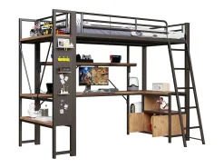 Cama mezanino 90x200 cm - Estrutura de ferro - Iluminação LED - Escrivaninha com prateleira - Porta USB - Preto​ (colchão não incluído)