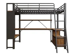 Cama mezanino 90x200 cm - Estrutura de ferro - Iluminação LED - Escrivaninha com prateleira - Porta USB - Preto​ (colchão não incluído)