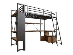 Cama mezanino 90x200 cm - Estrutura de ferro - Iluminação LED - Escrivaninha com prateleira - Porta USB - Preto​ (colchão não incluído)