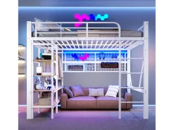 Cama mezanino 140x200 cm - Estrutura de ferro - con compartimentos de armazenamento - con iluminação LED - Branco (colchão não incluído)