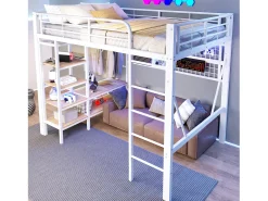 Cama mezanino 140x200 cm - Estrutura de ferro - con compartimentos de armazenamento - con iluminação LED - Branco​ (colchão não incluído)