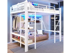 Cama mezanino 140x200 cm - Estrutura de ferro - con compartimentos de armazenamento - con iluminação LED - Branco​ (colchão não incluído)