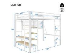 Cama mezanino 140x200 cm - Estrutura de ferro - con compartimentos de armazenamento - con iluminação LED - Branco​ (colchão não incluído)