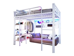Cama mezanino 140x200 cm - Estrutura de ferro - con compartimentos de armazenamento - con iluminação LED - Branco​ (colchão não incluído)
