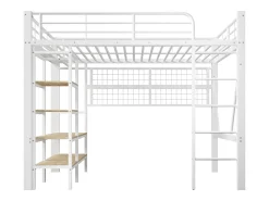 Cama mezanino 140x200 cm - Estrutura de ferro - con compartimentos de armazenamento - con iluminação LED - Branco​ (colchão não incluído)