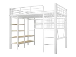 Cama mezanino 140x200 cm - Estrutura de ferro - con compartimentos de armazenamento - con iluminação LED - Branco​ (colchão não incluído)