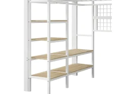 Cama mezanino 140x200 cm - Estrutura de ferro - con compartimentos de armazenamento - con iluminação LED - Branco​ (colchão não incluído)