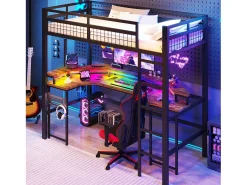 Cama mezanino 90x200 cm - Iluminação LED - Escrivaninha integrada - 1 porta USB + 1 porta Type-C + 2 tomadas - Preto (colchão não incluído)