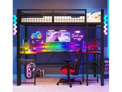 Cama mezanino 90x200 cm - Iluminação LED - Escrivaninha integrada - 1 porta USB + 1 porta Type-C + 2 tomadas - Preto​ (colchão não incluído)