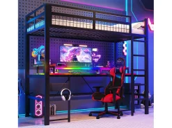 Cama mezanino 90x200 cm - Iluminação LED - Escrivaninha integrada - 1 porta USB + 1 porta Type-C + 2 tomadas - Preto​ (colchão não incluído)