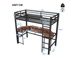 Cama mezanino 90x200 cm - Iluminação LED - Escrivaninha integrada - 1 porta USB + 1 porta Type-C + 2 tomadas - Preto​ (colchão não incluído)