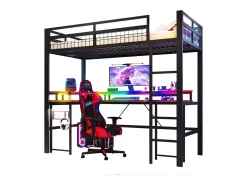 Cama mezanino 90x200 cm - Iluminação LED - Escrivaninha integrada - 1 porta USB + 1 porta Type-C + 2 tomadas - Preto​ (colchão não incluído)