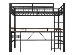 Cama mezanino 90x200 cm - Iluminação LED - Escrivaninha integrada - 1 porta USB + 1 porta Type-C + 2 tomadas - Preto​ (colchão não incluído)