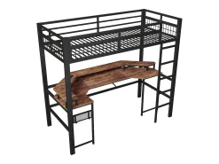 Cama mezanino 90x200 cm - Iluminação LED - Escrivaninha integrada - 1 porta USB + 1 porta Type-C + 2 tomadas - Preto​ (colchão não incluído)