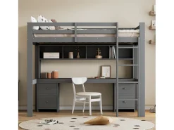 Cama mezanino 90x200cm - com secretária e 2 cómodas - em pinho maciço e MDF - Cinzento