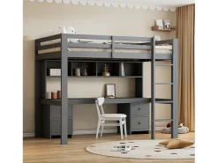 Cama mezanino 90x200cm - com secretária e 2 cómodas - em pinho maciço e MDF - Cinzento