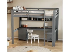 Cama mezanino 90x200cm - com secretária e 2 cómodas - em pinho maciço e MDF - Cinzento