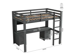 Cama mezanino 90x200cm - com secretária e 2 cómodas - em pinho maciço e MDF - Cinzento