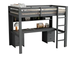 Cama mezanino 90x200cm - com secretária e 2 cómodas - em pinho maciço e MDF - Cinzento