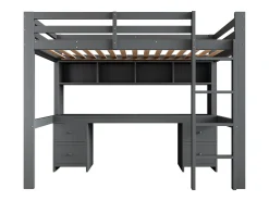 Cama mezanino 90x200cm - com secretária e 2 cómodas - em pinho maciço e MDF - Cinzento