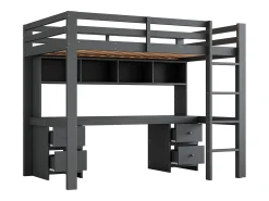 Cama mezanino 90x200cm - com secretária e 2 cómodas - em pinho maciço e MDF - Cinzento