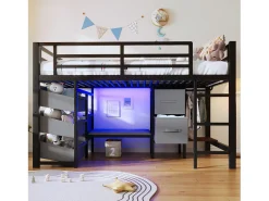 Cama mezanino 90x200cm - con 2 gavetas - con bolsos de armazenamento de tecido - con luz LED - preto​ (colchão não incluído)
