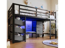 Cama mezanino 90x200cm - con 2 gavetas - con bolsos de armazenamento de tecido - con luz LED - preto​ (colchão não incluído)