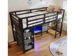 Cama mezanino 90x200cm - con 2 gavetas - con bolsos de armazenamento de tecido - con luz LED - preto​ (colchão não incluído)
