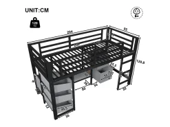 Cama mezanino 90x200cm - con 2 gavetas - con bolsos de armazenamento de tecido - con luz LED - preto​ (colchão não incluído)