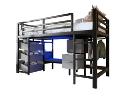 Cama mezanino 90x200cm - con 2 gavetas - con bolsos de armazenamento de tecido - con luz LED - preto​ (colchão não incluído)