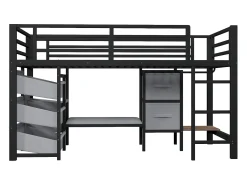 Cama mezanino 90x200cm - con 2 gavetas - con bolsos de armazenamento de tecido - con luz LED - preto​ (colchão não incluído)
