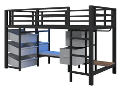 Cama mezanino 90x200cm - con 2 gavetas - con bolsos de armazenamento de tecido - con luz LED - preto​ (colchão não incluído)
