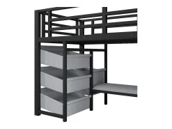 Cama mezanino 90x200cm - con 2 gavetas - con bolsos de armazenamento de tecido - con luz LED - preto​ (colchão não incluído)
