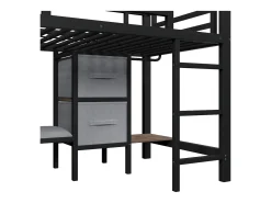 Cama mezanino 90x200cm - con 2 gavetas - con bolsos de armazenamento de tecido - con luz LED - preto​ (colchão não incluído)